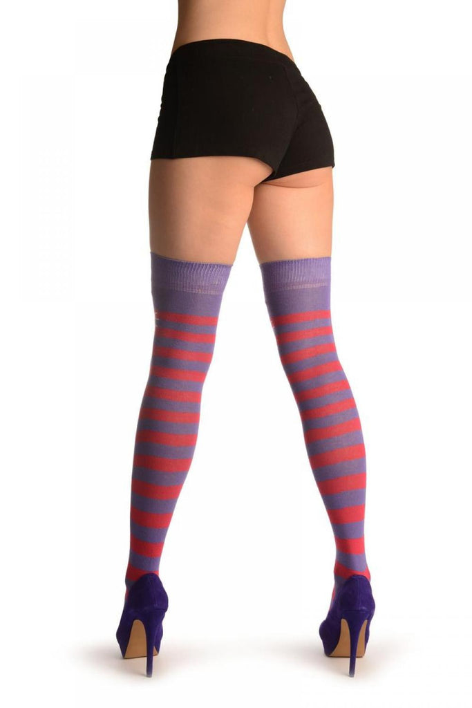 Liss Kiss Smiling Cat On Purple & Red Stripes - Over The Knee Socks