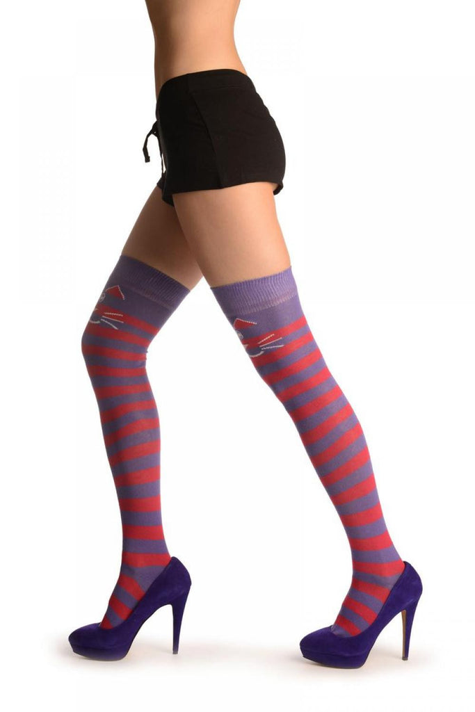 Liss Kiss Smiling Cat On Purple & Red Stripes - Over The Knee Socks