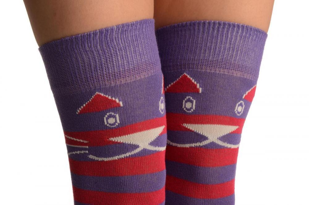 Liss Kiss Smiling Cat On Purple & Red Stripes - Over The Knee Socks