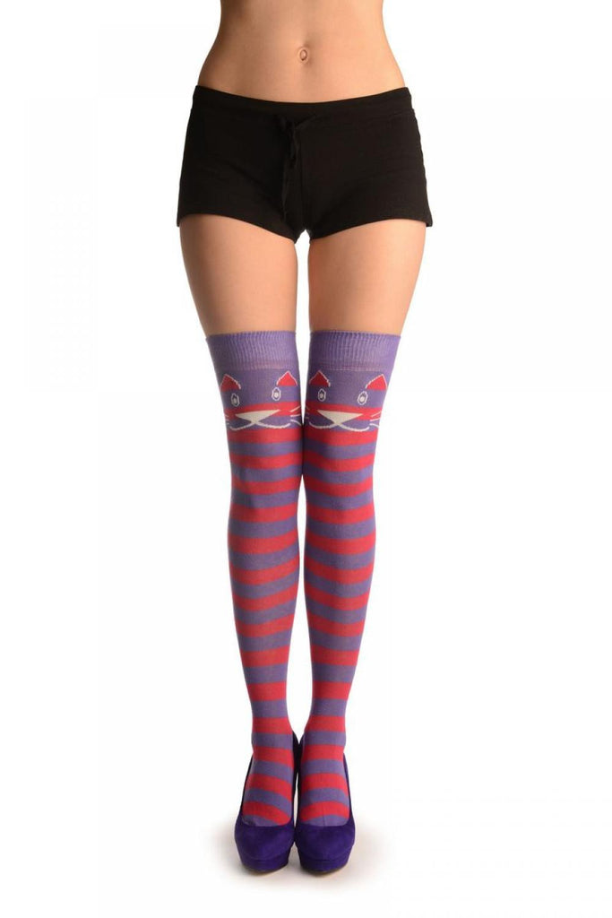 liss kiss Smiling Cat On Purple & Red Stripes - Over The Knee Socks