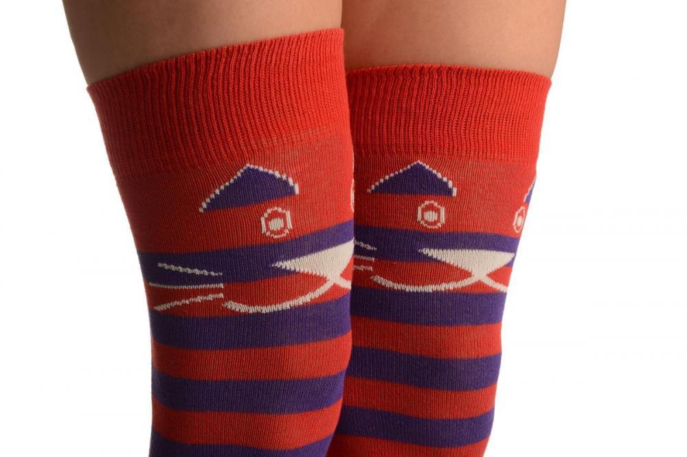 Liss Kiss Smiling Cat On Red & Purple Stripes - Over The Knee Socks