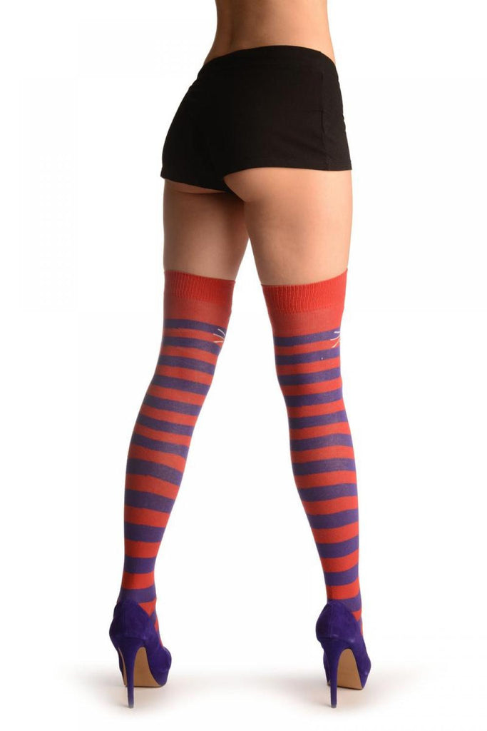 Liss Kiss Smiling Cat On Red & Purple Stripes - Over The Knee Socks