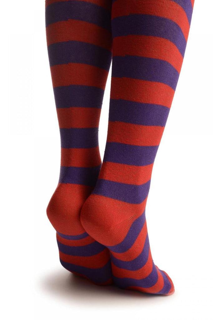Liss Kiss Smiling Cat On Red & Purple Stripes - Over The Knee Socks
