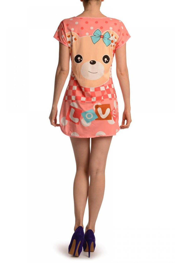 Liss Kiss Smiling Love Bear On Salmon Pink Lightweight Dress - Dress