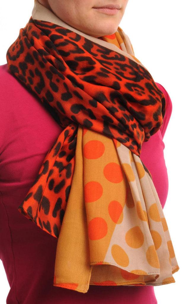 Liss Kiss Soft Beige & Leopard With Orange Polka Dots Unisex Scarf & Beach Sarong - Scarf