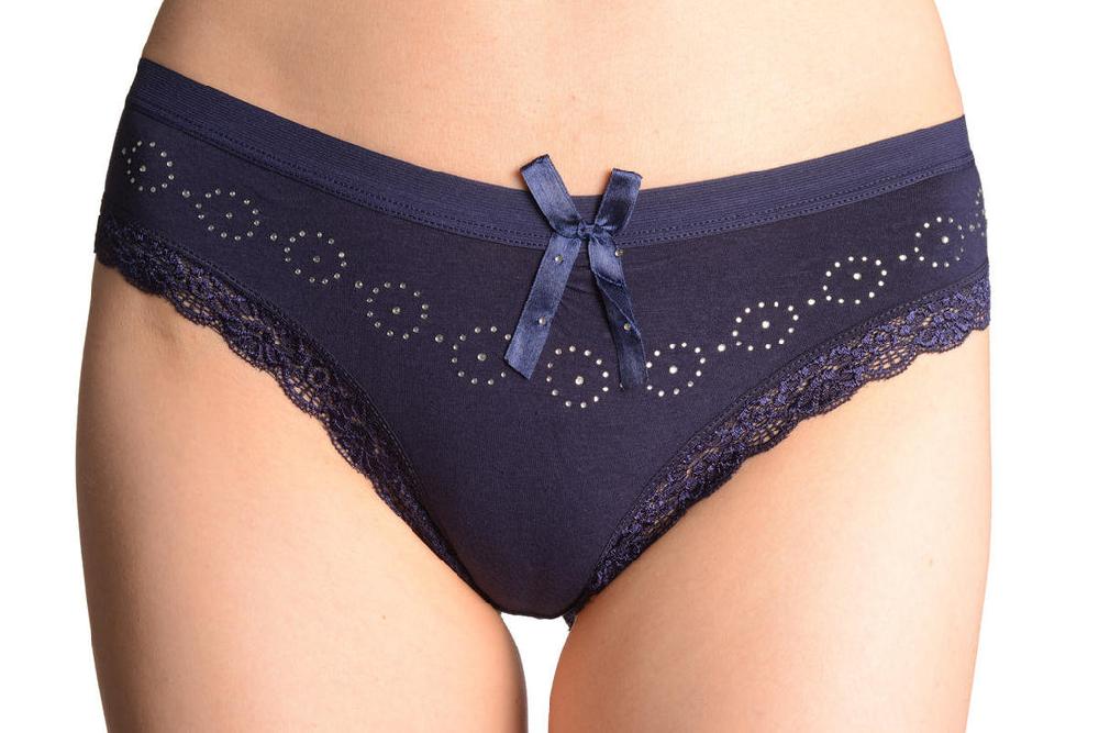 liss kiss Soft Cotton With Crystal Circles Dark Blue High Leg Brazilian - Knickers
