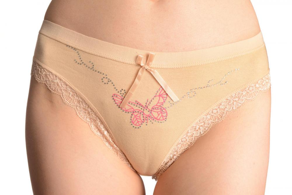 liss kiss Soft Cotton With Lace Trim Butterfly & Crystals Beige High Leg Brazilian - Knickers