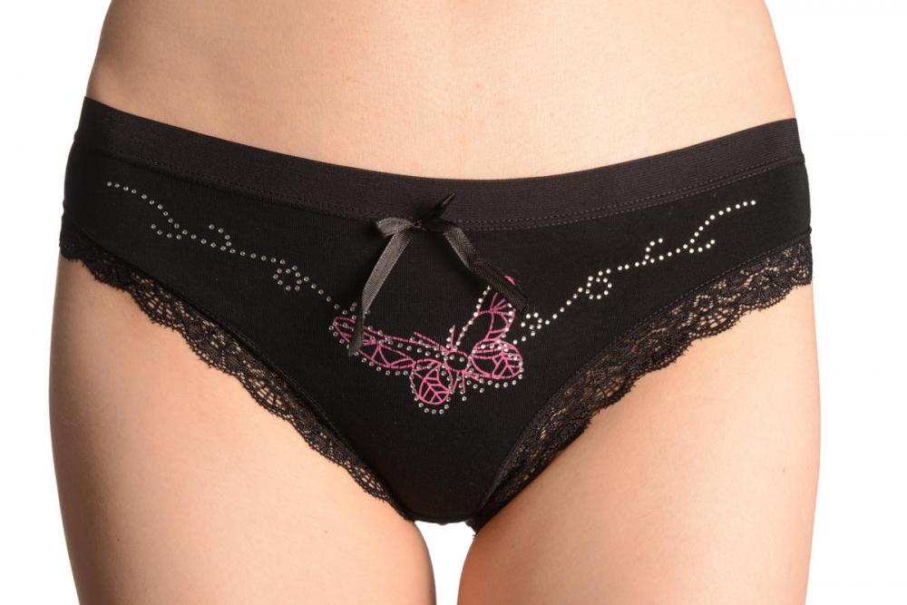 liss kiss Soft Cotton With Lace Trim Butterfly & Crystals Black High Leg Brazilian - Knickers