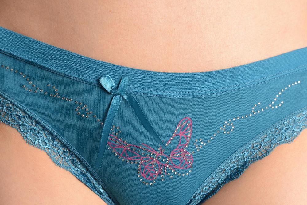 Liss Kiss Soft Cotton With Lace Trim Butterfly & Crystals Blue High Leg Brazilian - Knickers