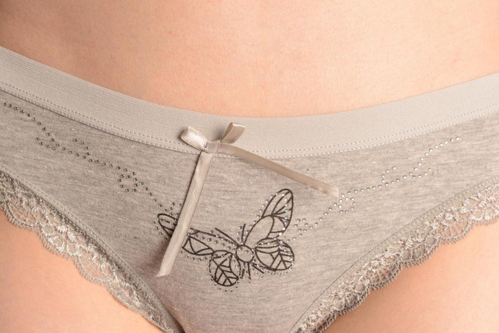 Liss Kiss Soft Cotton With Lace Trim Butterfly & Crystals Grey High Leg Brazilian - Knickers