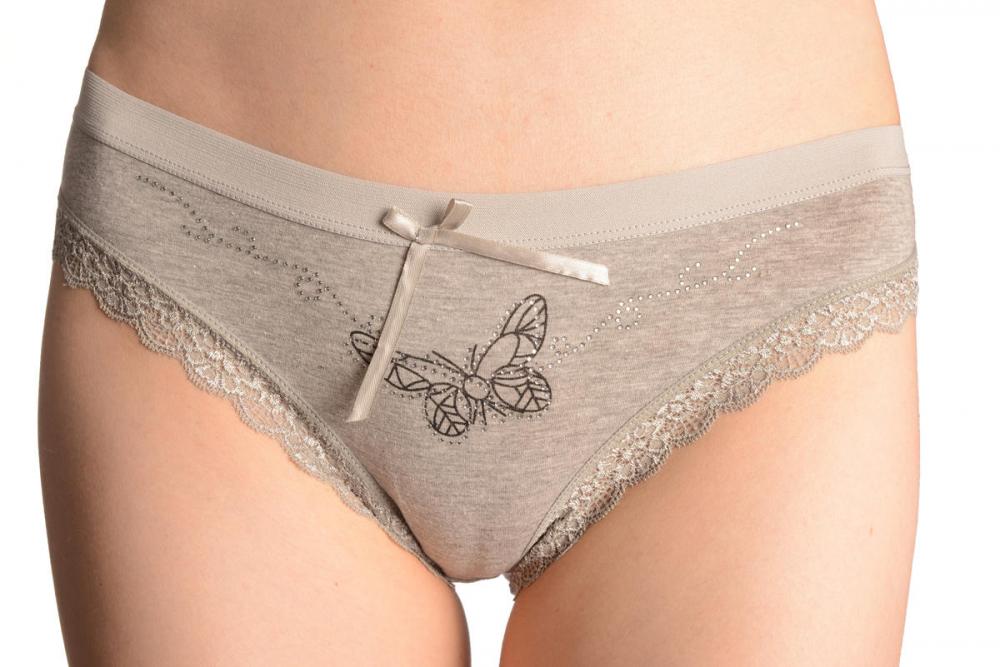 liss kiss Soft Cotton With Lace Trim Butterfly & Crystals Grey High Leg Brazilian - Knickers