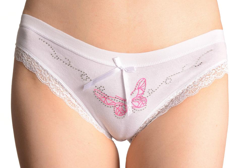 Liss Kiss Soft Cotton With Lace Trim Butterfly & Crystals White High Leg Brazilian - Knickers