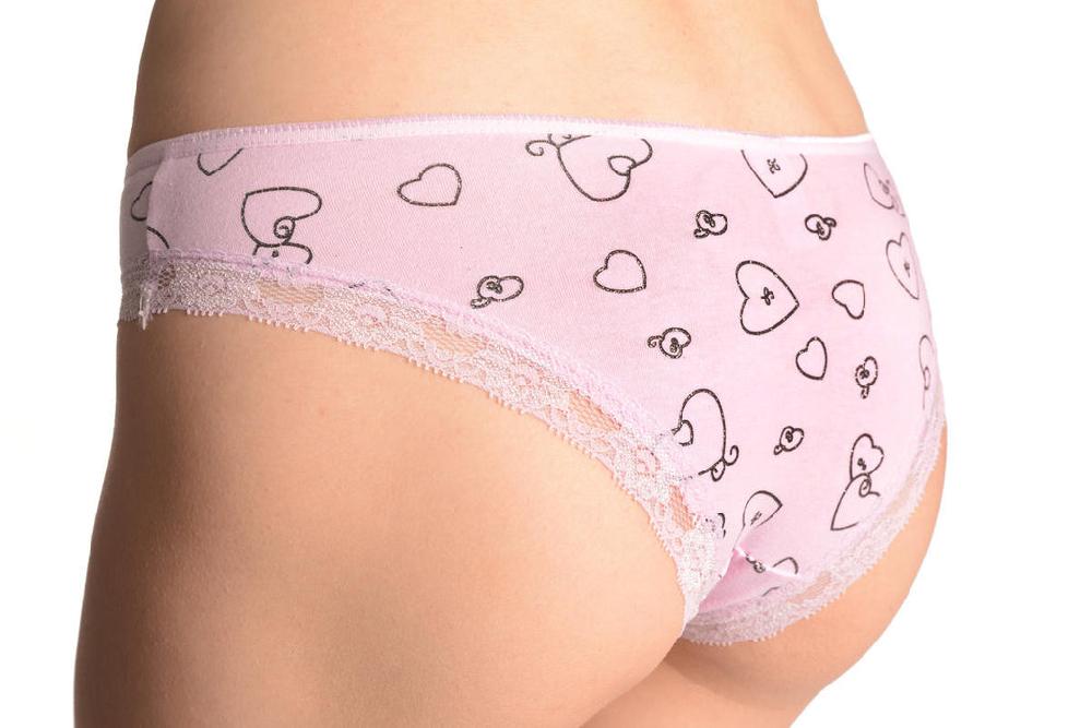 Liss Kiss Soft Cotton With Lace Trim & Glitter Hearts Baby Pink High Leg Brazilian - Knickers