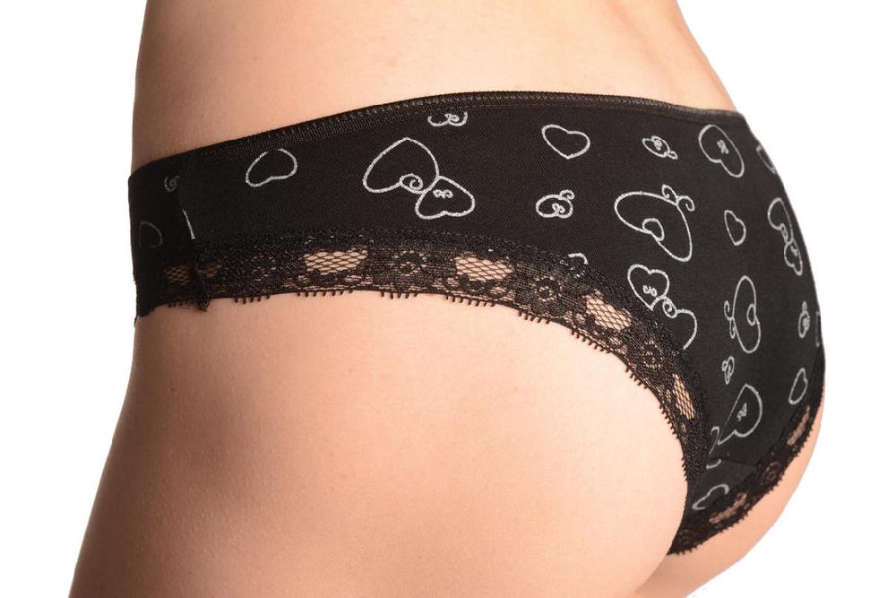 Liss Kiss Soft Cotton With Lace Trim & Glitter Hearts Black Pink High Leg Brazilian - Knickers