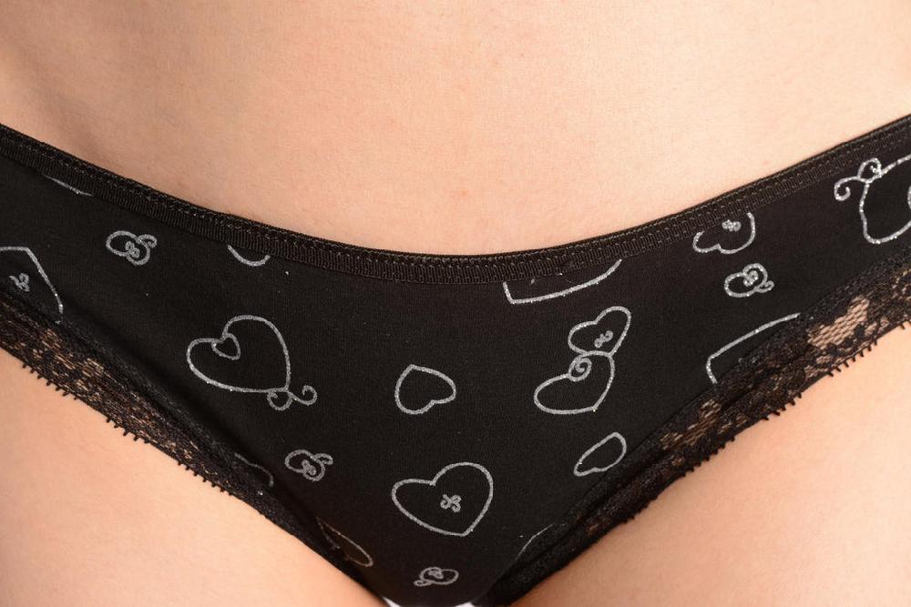 Liss Kiss Soft Cotton With Lace Trim & Glitter Hearts Black Pink High Leg Brazilian - Knickers