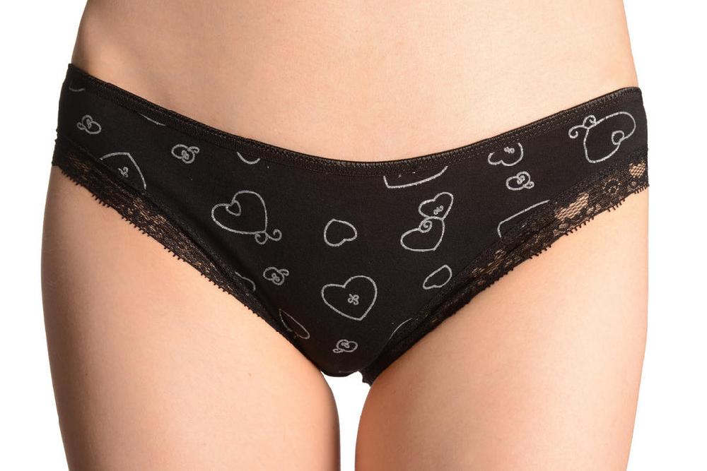 liss kiss Soft Cotton With Lace Trim & Glitter Hearts Black Pink High Leg Brazilian - Knickers