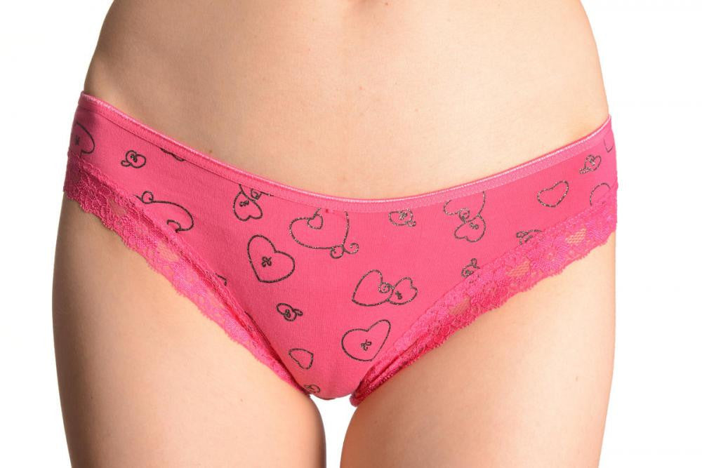 liss kiss Soft Cotton With Lace Trim & Glitter Hearts Bright Pink High Leg Brazilian - Knickers