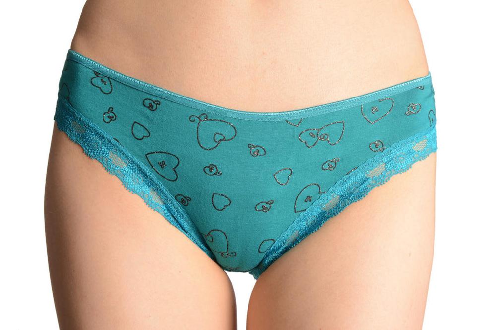 liss kiss Soft Cotton With Lace Trim & Glitter Hearts Grey Pink High Leg Brazilian - Knickers