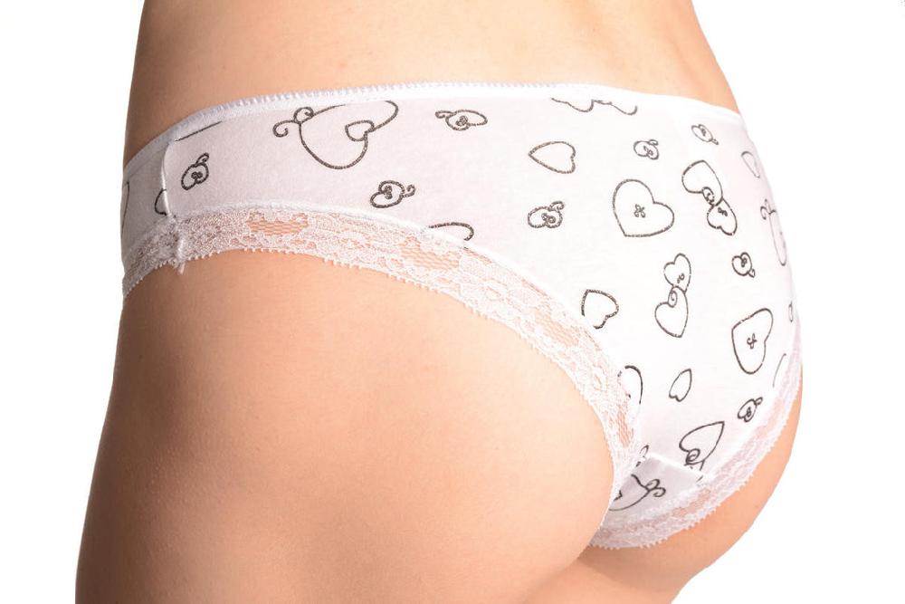 Liss Kiss Soft Cotton With Lace Trim & Glitter Hearts White High Leg Brazilian - Knickers