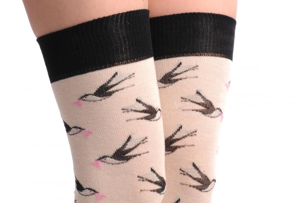 Liss Kiss Soft Cream With Birds & Pink Hearts - Over The Knee Socks