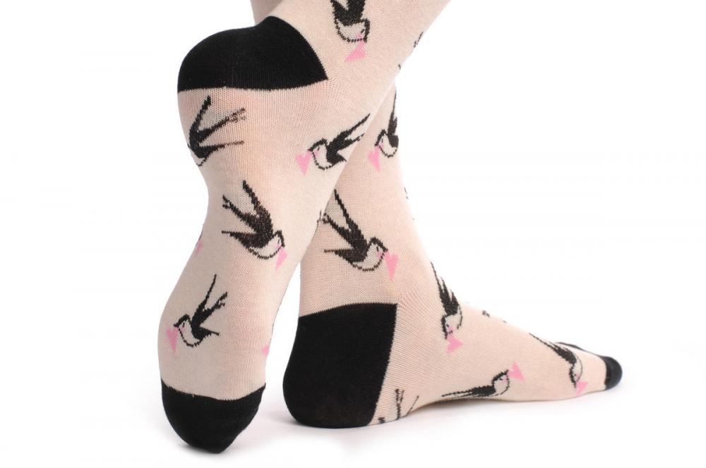 Liss Kiss Soft Cream With Birds & Pink Hearts - Over The Knee Socks