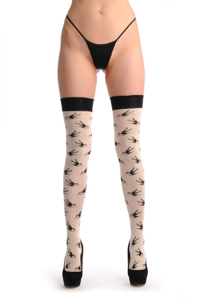 liss kiss Soft Cream With Birds & Pink Hearts - Over The Knee Socks