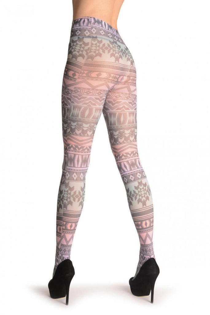 Liss Kiss Soft Green & Pink Aztec Print Stripes - Tights