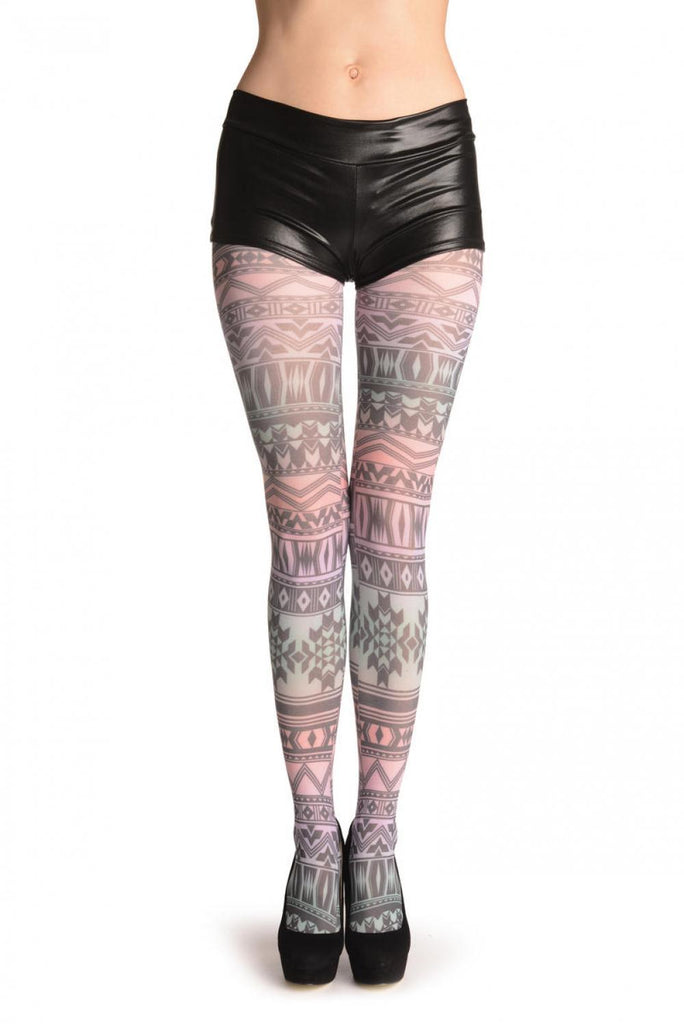 liss kiss Soft Green & Pink Aztec Print Stripes - Tights