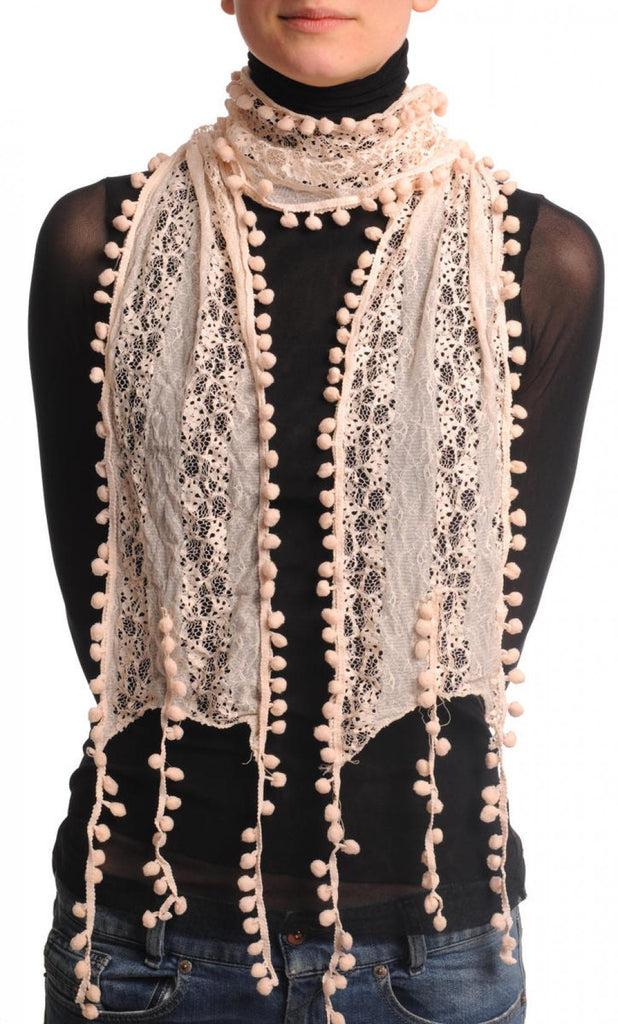 liss kiss Soft Pink Beige Vintage Lace With Soft Pearls - Scarf