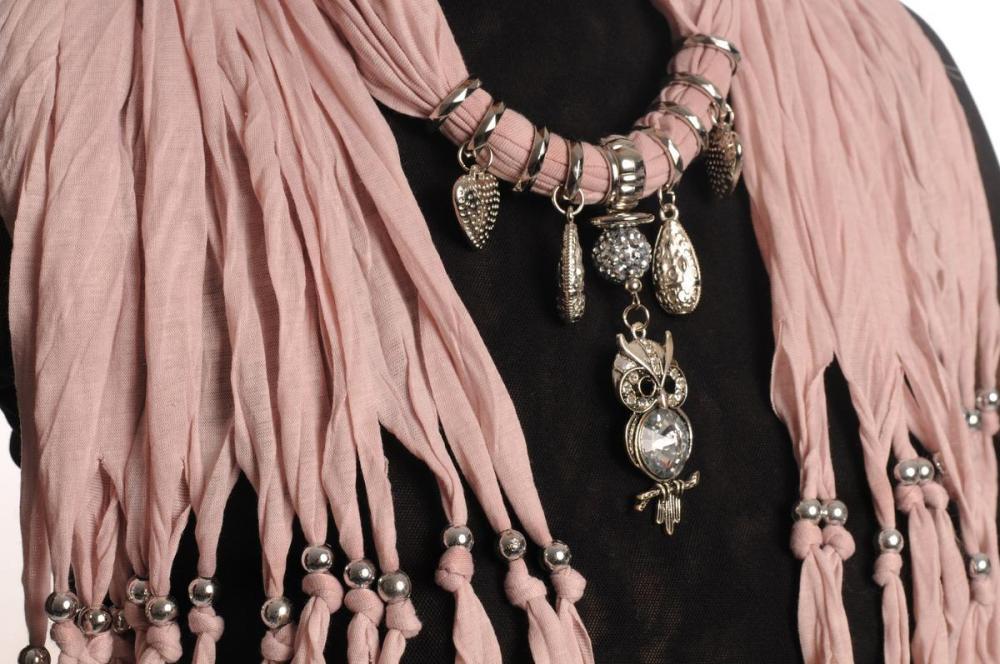 Liss Kiss Soft Pink Jewellery Scarf With Owl Pendant & Beads - Scarf