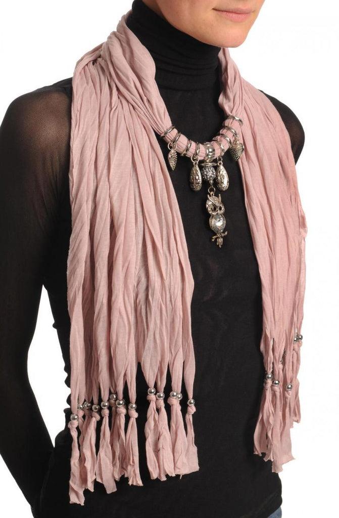 Liss Kiss Soft Pink Jewellery Scarf With Owl Pendant & Beads - Scarf