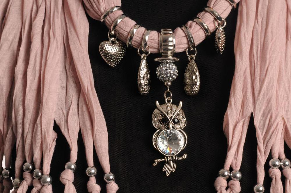 Liss Kiss Soft Pink Jewellery Scarf With Owl Pendant & Beads - Scarf