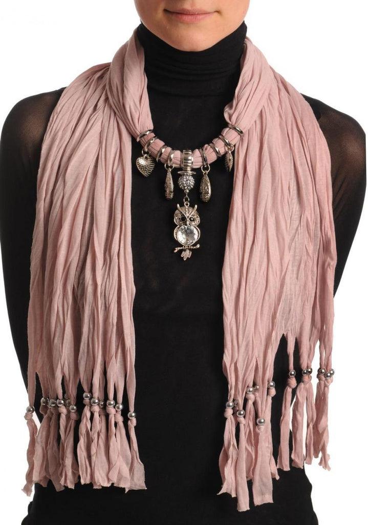 liss kiss Soft Pink Jewellery Scarf With Owl Pendant & Beads - Scarf
