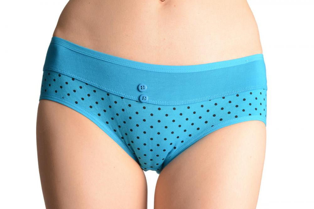 Liss Kiss Spotted Blue Soft Cotton With Plain Stripe & Buttons Brazilian - Knickers