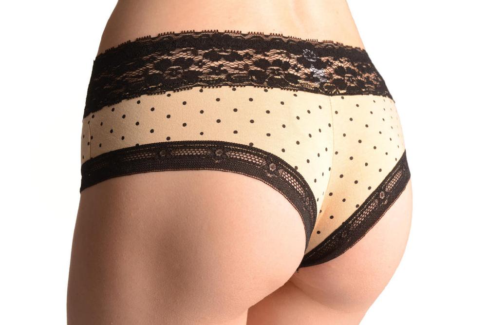 Liss Kiss Spotted Cotton & Lace Trim Beige Bandeau Brazilian - Knickers
