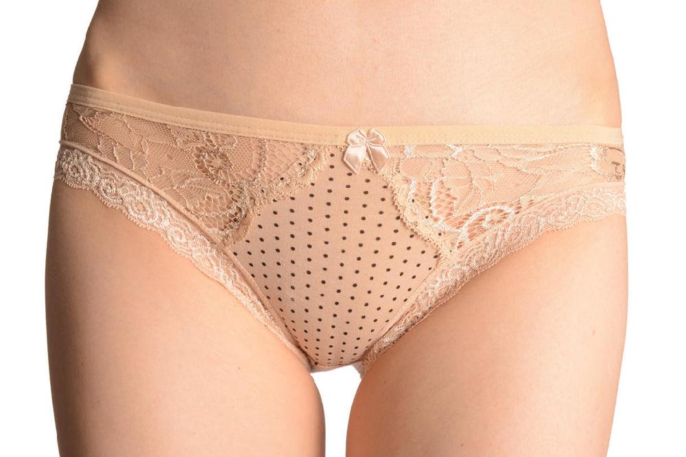 liss kiss Spotted With Cut In Floral Lace Panels Beige High Leg Brazilian - Knickers