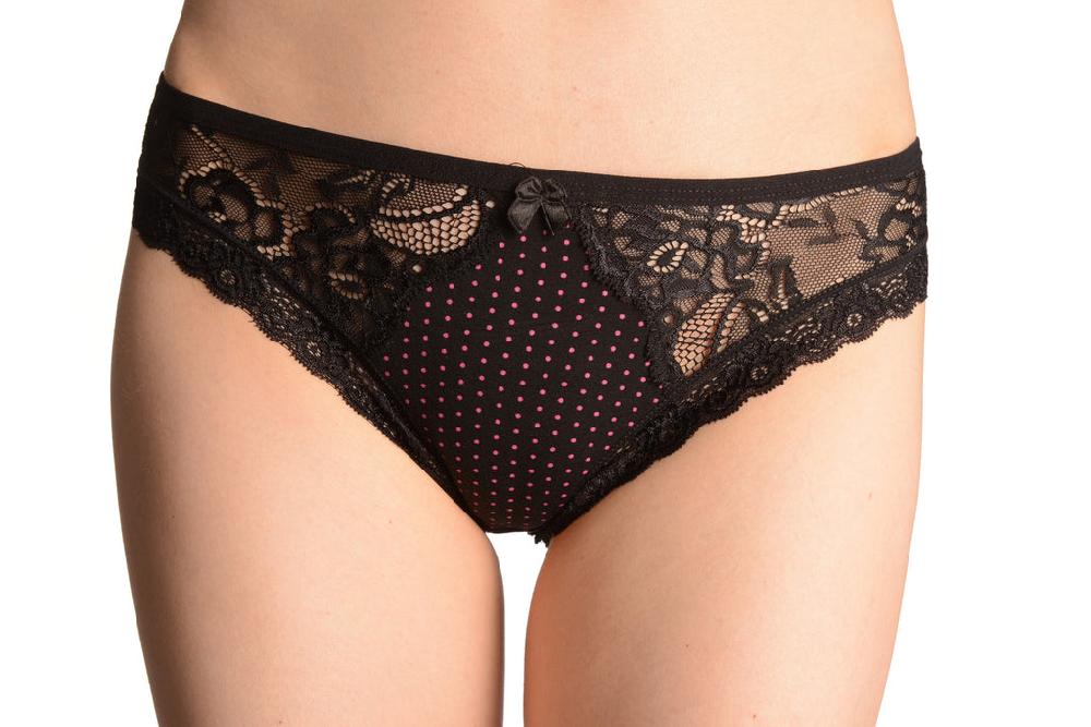 liss kiss Spotted With Cut In Floral Lace Panels Black High Leg Brazilian - Knickers