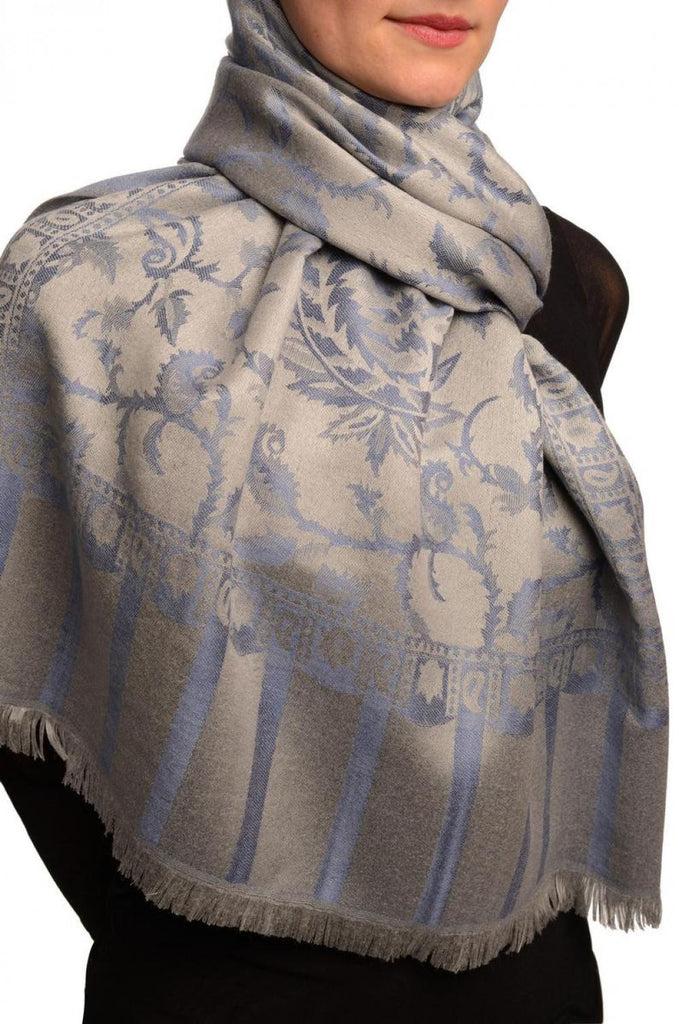 Liss Kiss Steel Blue Large Paisley On Grey Pashmina Feel - Scarf