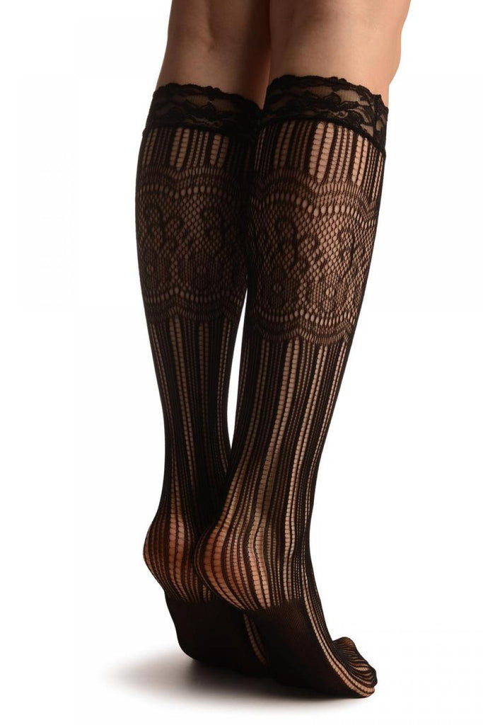 Liss Kiss Stripes & Floral Panels Black Lace Knee High Socks - Socks