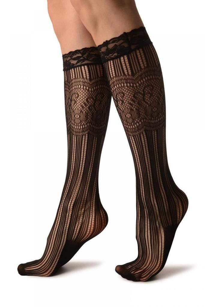Liss Kiss Stripes & Floral Panels Black Lace Knee High Socks - Socks