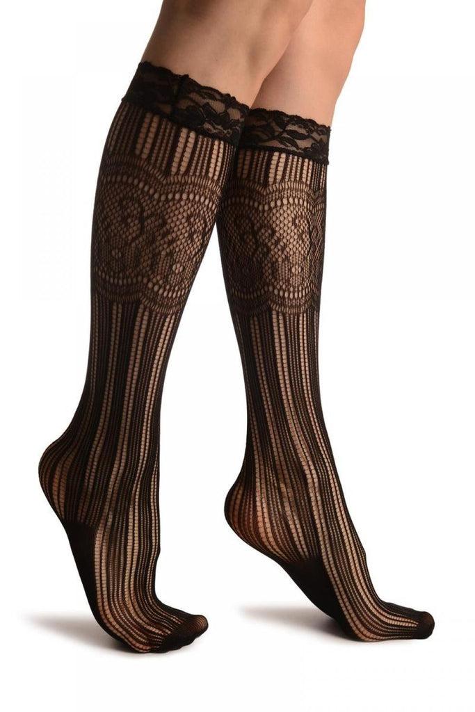 liss kiss Stripes & Floral Panels Black Lace Knee High Socks - Socks