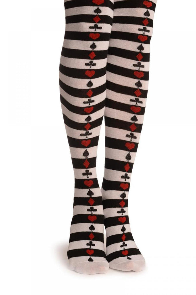 Liss Kiss Stripped Black & White With Poker Suits - Over The Knee Socks