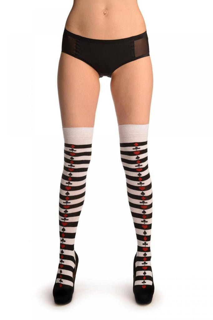 Liss Kiss Stripped Black & White With Poker Suits - Over The Knee Socks
