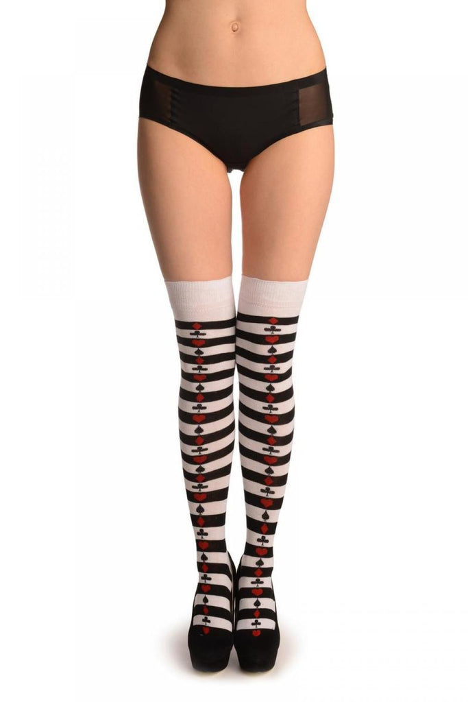 liss kiss Stripped Black & White With Poker Suits - Over The Knee Socks