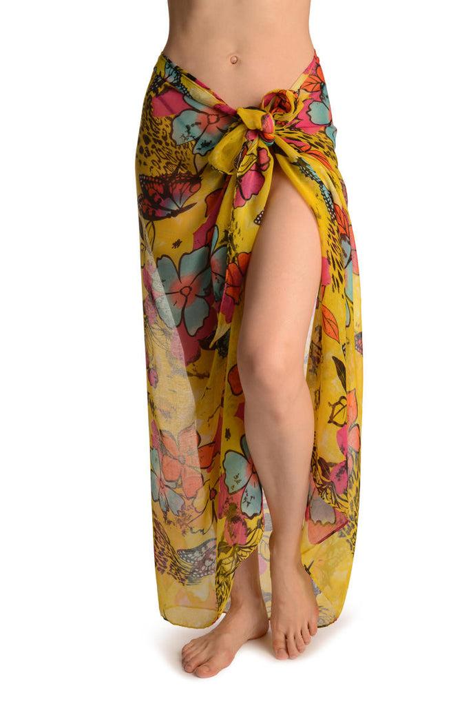 Liss Kiss Summer Flowers & Butterflies On Yellow Unisex Scarf & Beach Sarong - Scarf