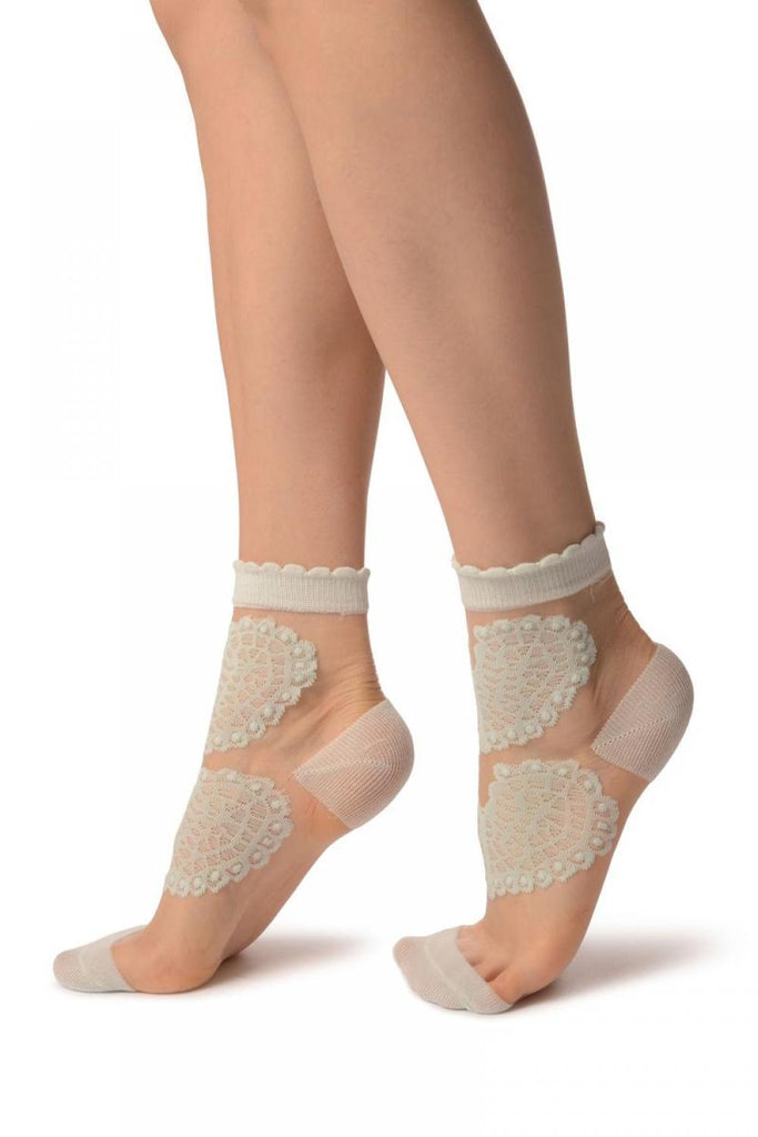 Liss Kiss Tea Green Pink Hearts On Invisible Mesh Ankle High Socks - Socks