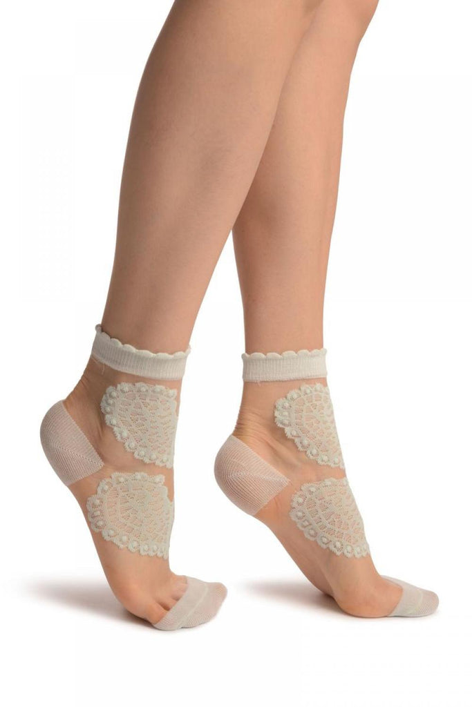 Liss Kiss Tea Green Pink Hearts On Invisible Mesh Ankle High Socks - Socks