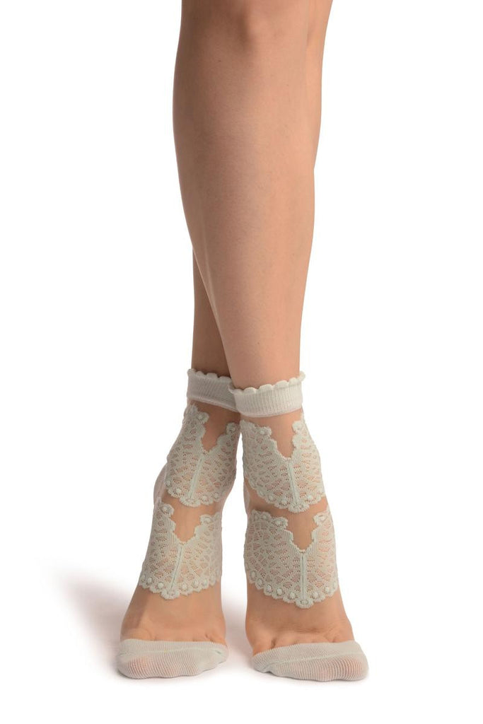 liss kiss Tea Green Pink Hearts On Invisible Mesh Ankle High Socks - Socks