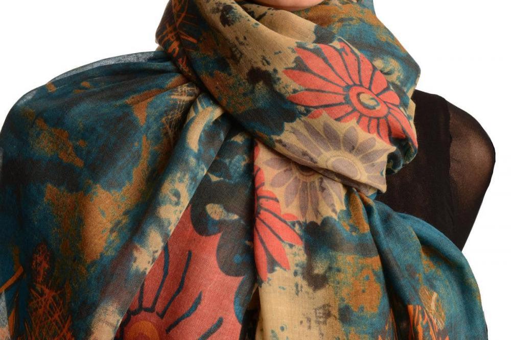 Liss Kiss Teal Blue With Large Rustic Daisy Scarf - Scarf