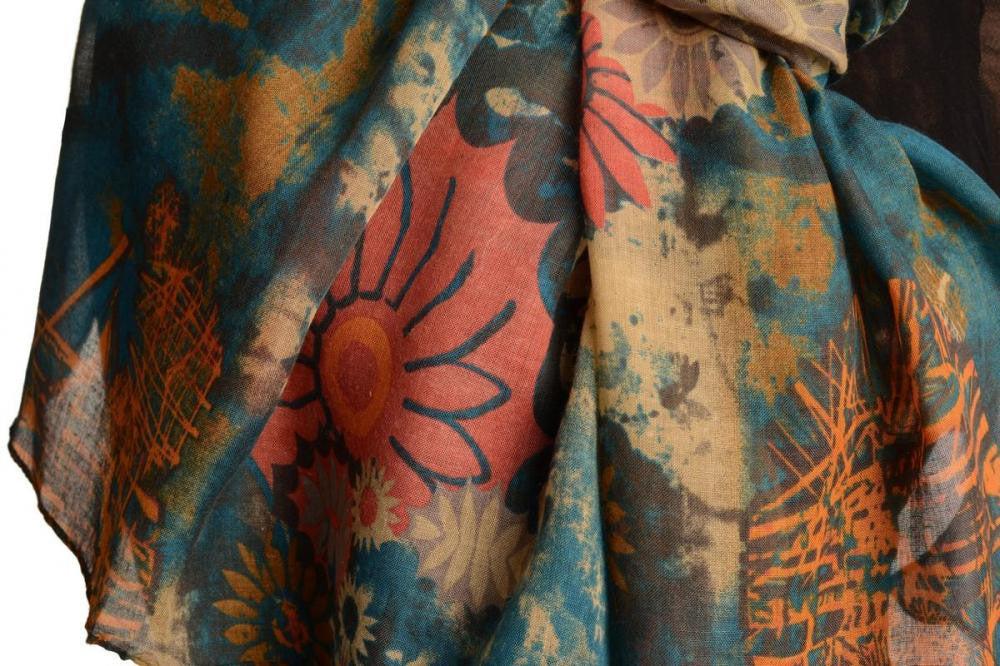 Liss Kiss Teal Blue With Large Rustic Daisy Scarf - Scarf